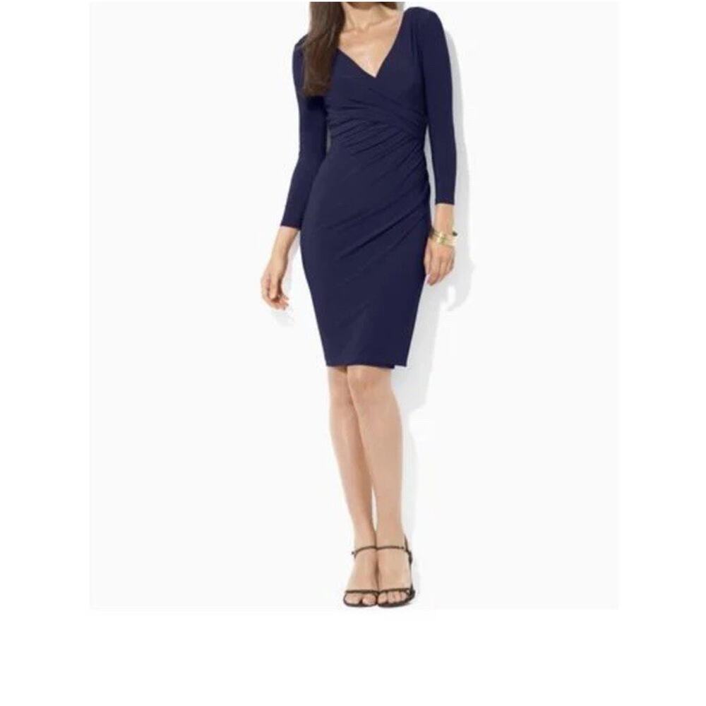 New  Lauren Ralph Lauren Faux Wrap Dress Navy 3/4 Sleeves V-Neck Size 14 Womens